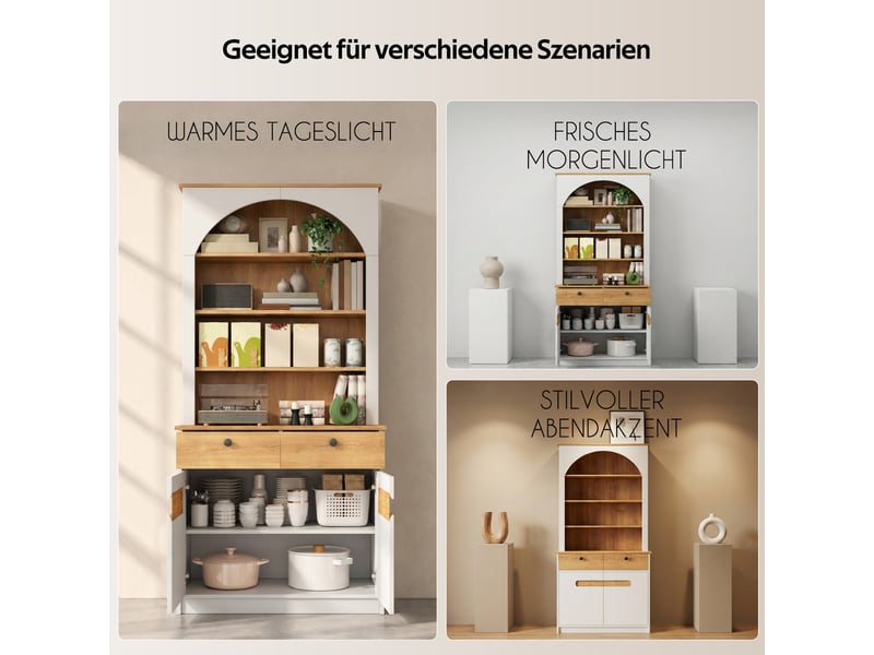 Armoire de cuisine haute 80x40x180cm, 2 portes vitrées, 2 tiroirs, niche ouverte et étagères réglables, façade cintrée, blanc et bois naturel  - Conforama E