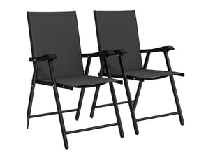 Lot de 2 chaises de jardin pliantes en métal noir avec dossier haut et accoudoirs, en tissu texteline