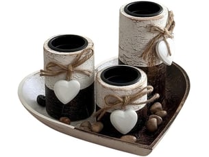 Set de bougeoirs en bois rustique avec plateau en forme de cœur – centre de table style ferme, déco romantique vintage