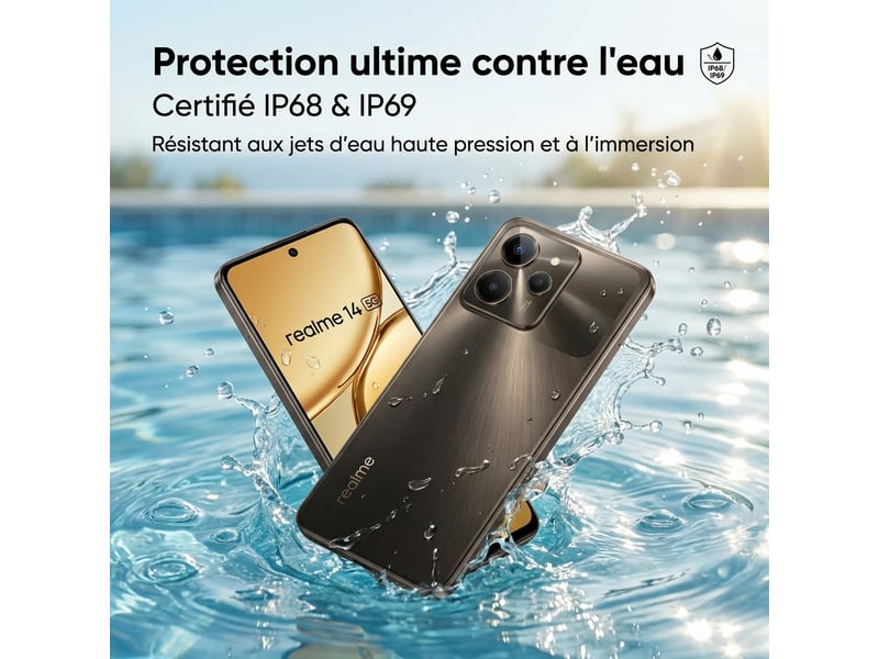 Smartphone realme 14 5g 12+256 go noir, dimensity 6300, 120 hz, 5130 mah, 50 mp, ip69  - Conforama C