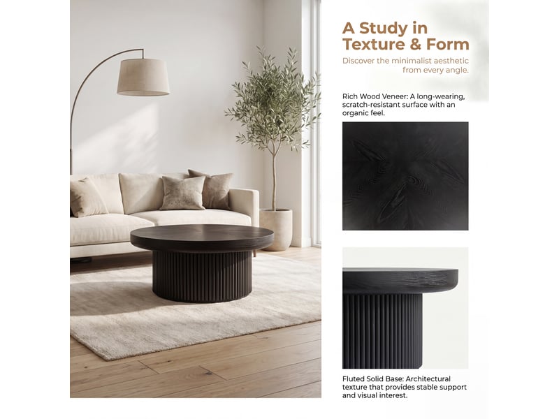  Table basse ronde 78x78x38,5 cm - plateau épais motif parquet en bois véritable - base cylindrique cannelée - bois et mdf - noir CozyNest - Conforama R
