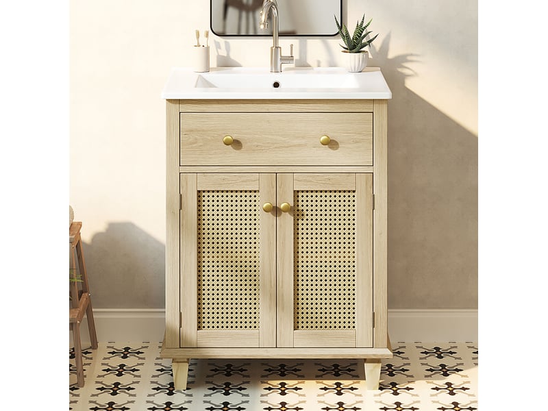 Meuble sous vasque 61x47x87 cm avec lavabo en céramique, effet bois naturel - Conforama D