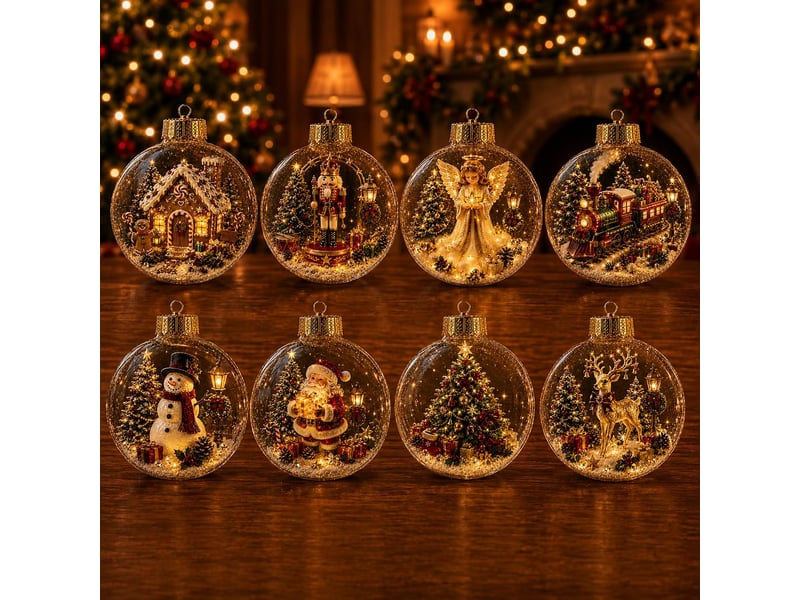Lot de 8 boules de noël lumineuses led, lumière blanc chaud, décoration suspendue pour sapin et maison, e - Conforama A
