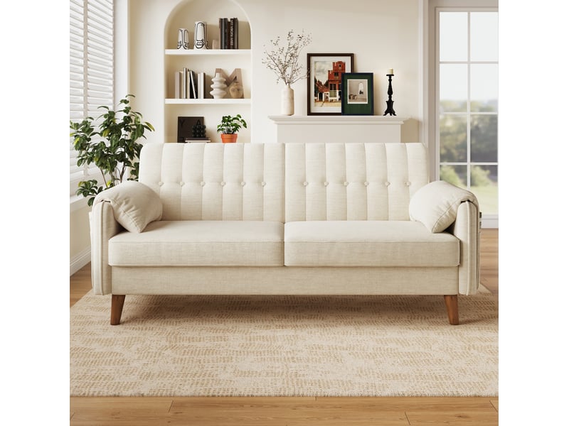 Canapé droit 2 places avec coussins amovibles, poches latérales et pieds en bois, en chenille beige - Conforama E