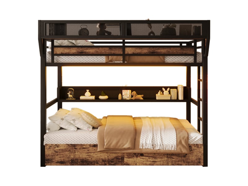 Lit superposé - 90x200 cm - tiroirs de rangement - rangements intégrés - éclairage led - structure métal - matelas non inclus - noir CozyNest - Conforama A