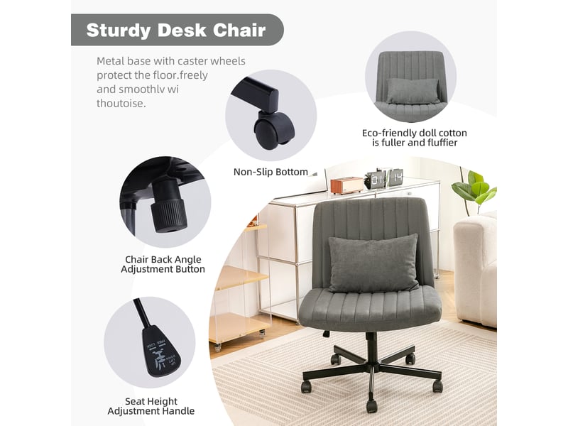  Chaise de bureau gris foncé en tissu, fauteuil de bureau sans accoudoirs pivotant et réglable en hauteur avec roulettes silencieuses  - Conforama W