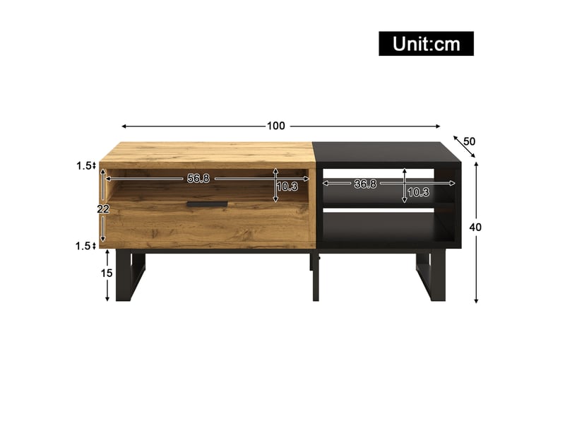  Table basse 100x50x40 cm noir et coloris bois naturel avec tiroir et niches  - Conforama C