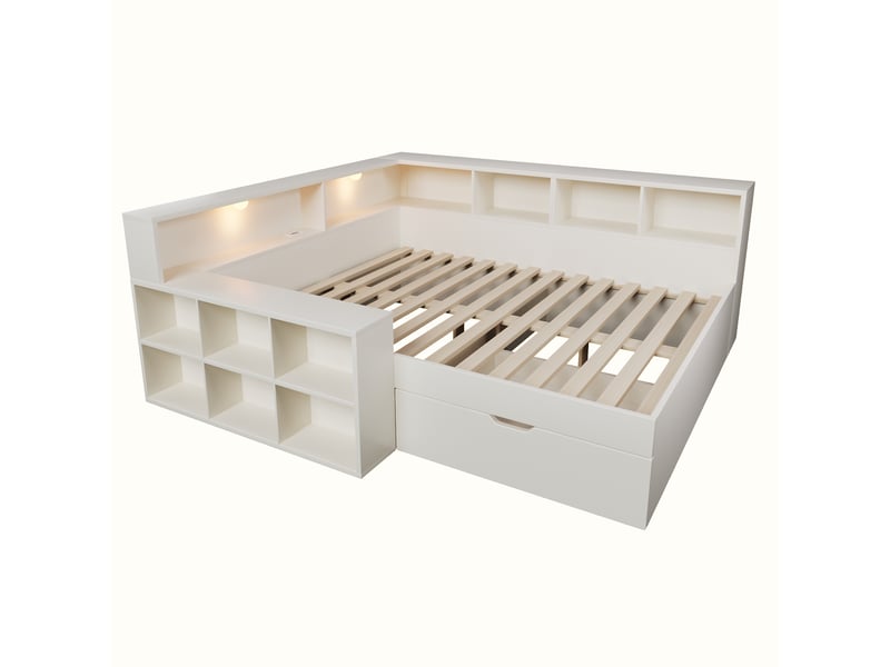  Lit double 140x200 avec rangement en bois blanc, ports usbtype-c et liseuses  - Conforama A