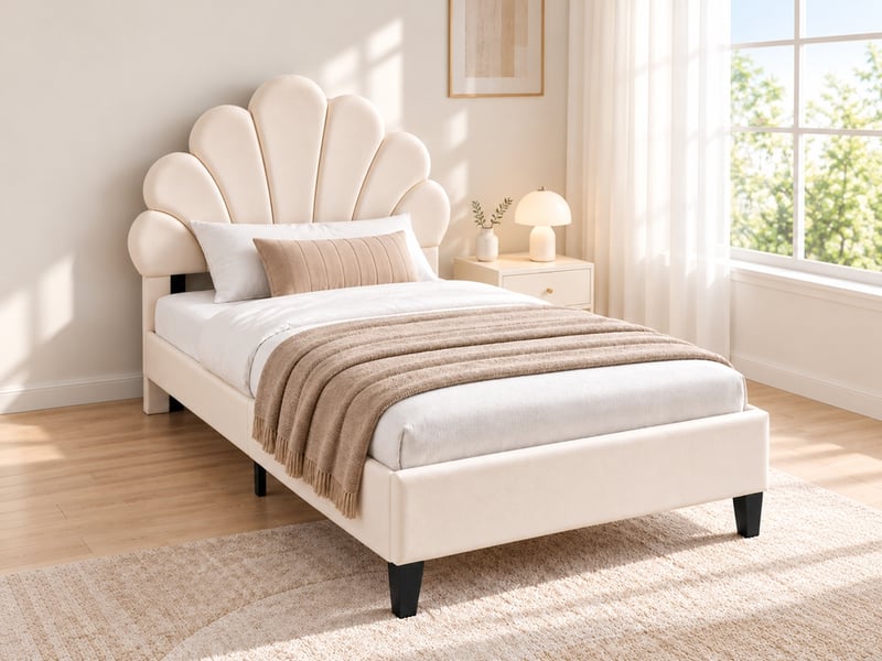  Lit enfant 90x200 cm en velours, lit simple rembourré avec sommier à lattes, tête de lit en forme de pétale réglable en hauteur, cadre de lit capitonné pour enfants et adolescents, beige  - Conforama B