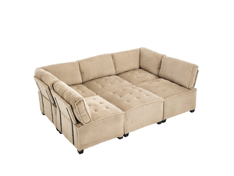  Canapé modulaire 6 places avec poches, combinable en u, l ou couchage, en velours côtelé kaki, 308 × 154 × 82 cm  - Conforama A
