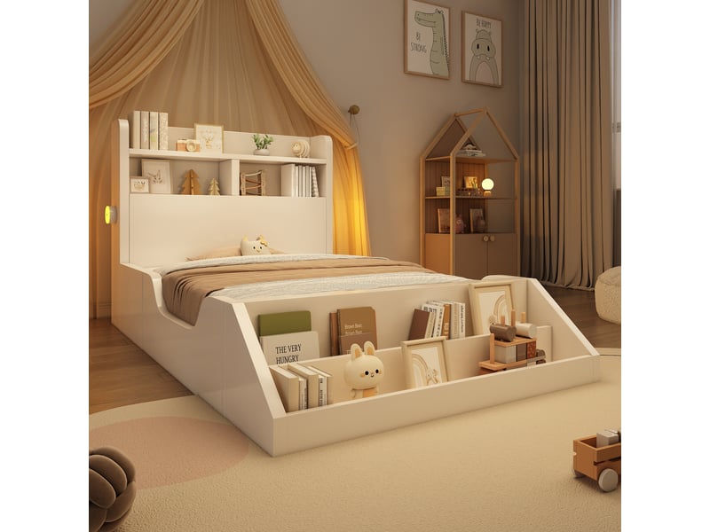  Lit enfant bois 90x200 cm, tablette et lampes chevet, étagère amovible, sommier lattes inclus, sans matelas, blanc  - Conforama E