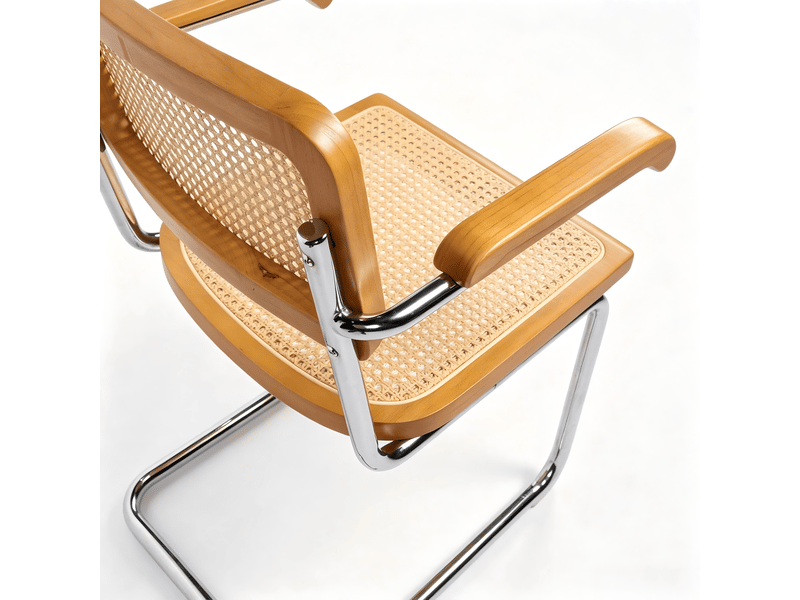 Lot de deux chaises de salle à manger, chaises en bois avec dossier en rotin et pieds chromés, style « brewer » du milieu du siècle, marron - Conforama W