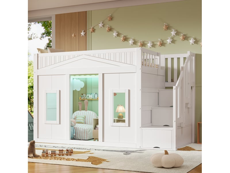  Lit mezzanine 90x200 cm avec fenêtre et éclairage led, blanc  - Conforama B