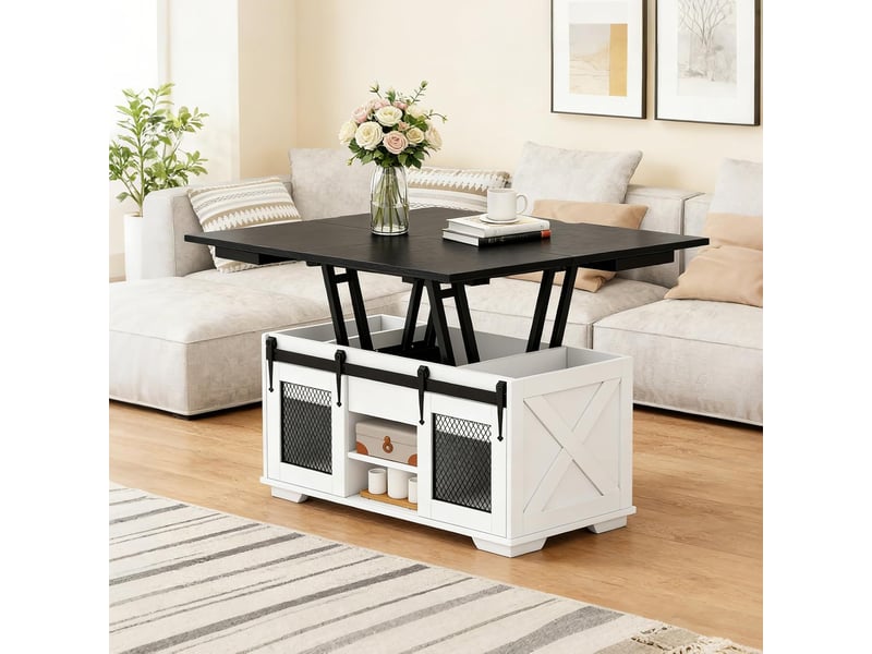  Table basse relevable, 3 compartiments caché, 2 portes coulissantes, table de café industrielmoderne avec plateau relevable, charge 75 kg (noir)  - Conforama C