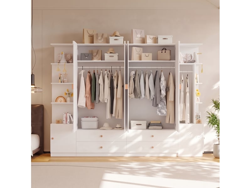  Armoire 6 portes avec 4 tiroirs et 4 penderies, rangements modulables pour chambre, blanc, 270 × 45 × 200 cm  - Conforama C