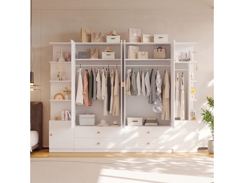  Armoire 6 portes avec 4 tiroirs et 4 penderies, rangements modulables pour chambre, blanc, 270 × 45 × 200 cm  - Conforama C