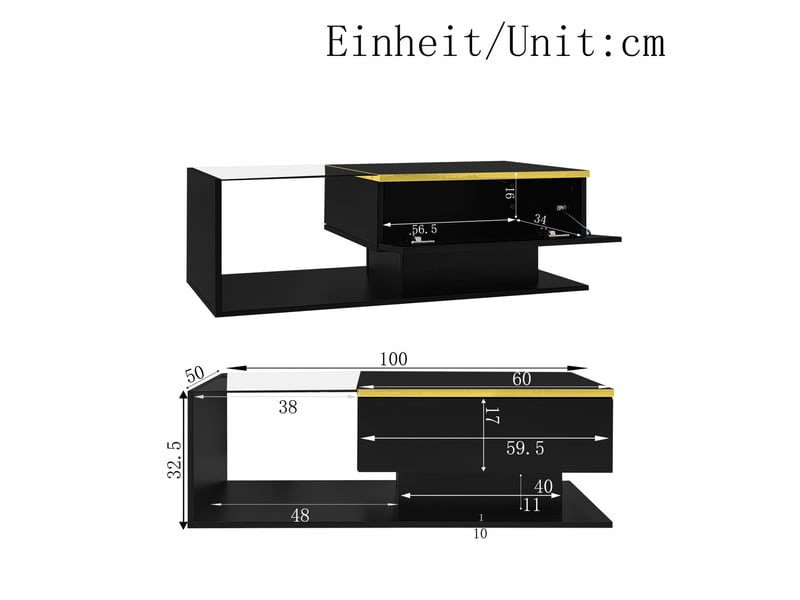  Table basse avec rangement ouvert et led 16 couleurs, en panneaux de particules et verre, noir, 100 × 50 × 32,5 cm  - Conforama D