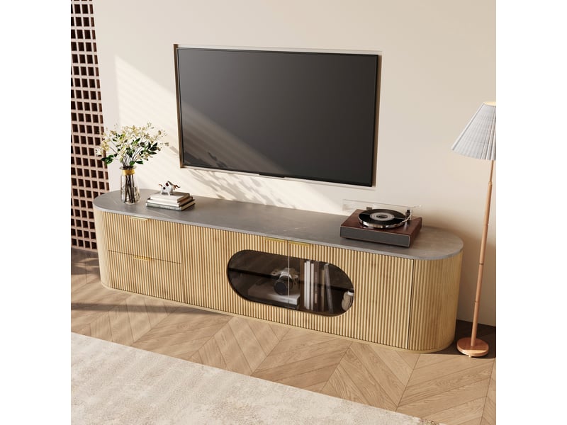  Meuble tv décor bois en mdf, portes à relief vertical 3d, vitrine ovale en verre gris et rangements pour le salon  - Conforama B