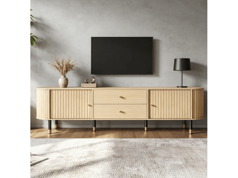  Meuble tv avec 2 tiroirs, 2 portes coulissantes et passe-câbles, pour salon, finition bois naturel, 180 × 40 × 58 cm  - Conforama B
