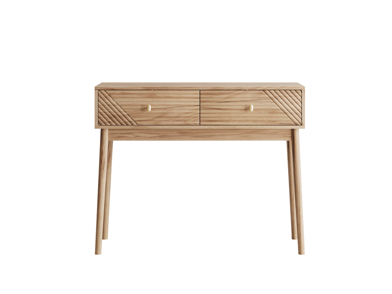  Bureau console avec 2 tiroirs et niches ouvertes style mid-century pour salon et entrée en mdf couleur chêne  - Conforama A