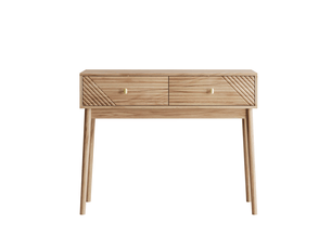 Bureau console avec 2 tiroirs et niches ouvertes style mid-century pour salon et entrée en mdf couleur chêne