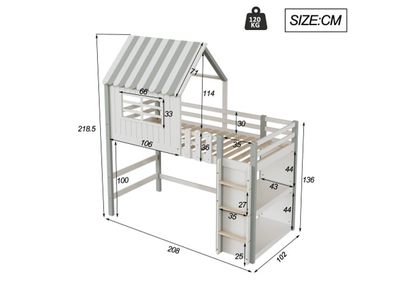  Lit cabane 90x200 cm, avec rangement et lattes, avec échelle et barrière, en bois, vert, sans matelas  - Conforama D