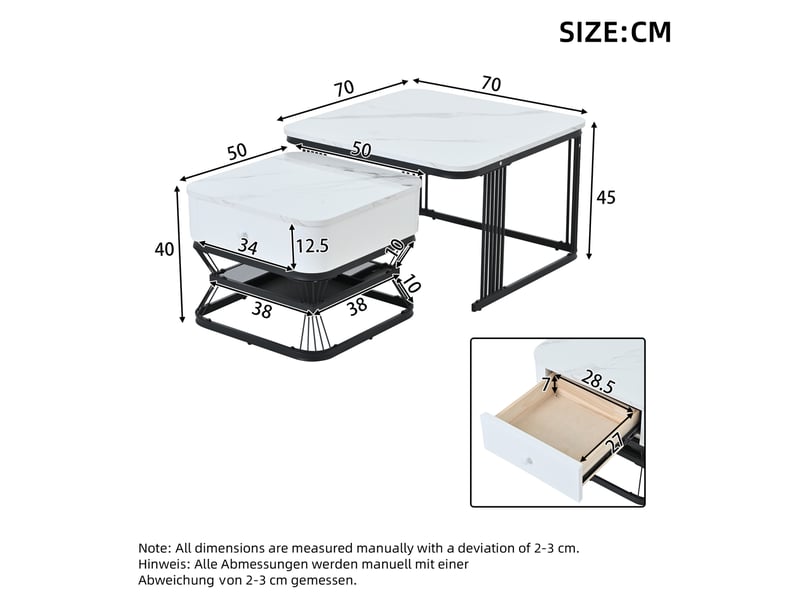 Lot de 2 tables basses carrées avec tiroir, effet marbre blanc et noir - Conforama E