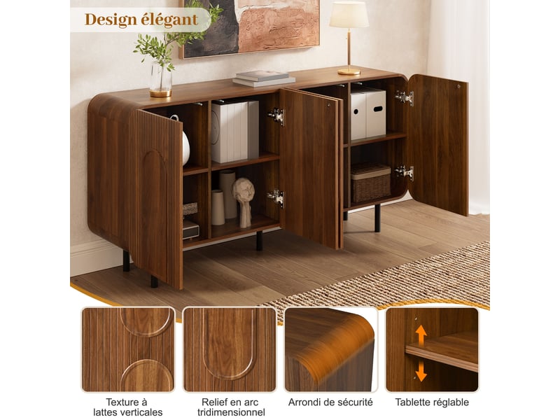  Buffet bas 4 portes 160x40x79 cm, 8 compartiments et étagères réglables, façades rainurées en relief, pieds métal, effet noyer  - Conforama E