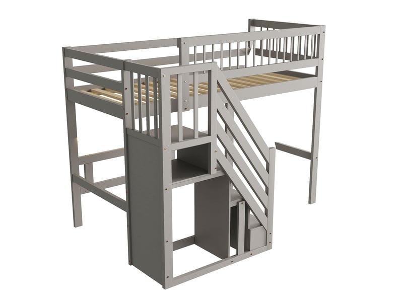  Lit superposé enfant 90x200 cm avec compartiment de rangement et garde-corps, un seul sommier, pin, gris, sans matelas  - Conforama E