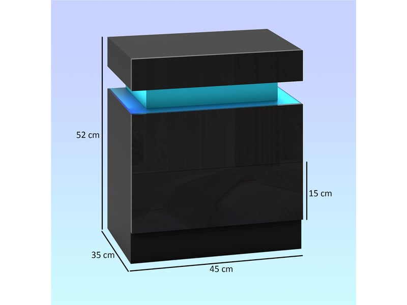 Ensemble de 2 tables de chevet led avec 16 couleurs et 4 modes d'éclairage, 2 tiroirs, en bois, 45 x 35 x 52 cm, noir - Conforama E