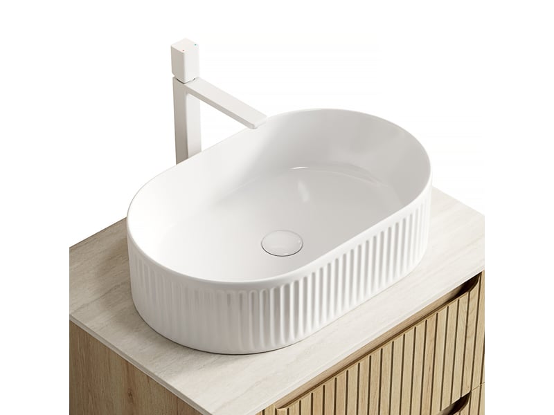  Lavabo à poser ovale en céramique blanche avec perçage pour robinet, résistant aux taches et à l’eau, 61×43×25 cm  - Conforama A