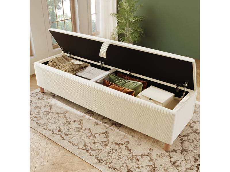  Banc de lit 175 x 38 x 46 cm beige en velours cotele, coffre de rangement a ouverture hydraulique  - Conforama A