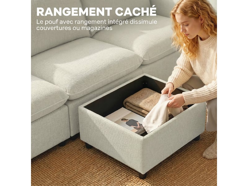  Canapé 3 places avec pouf de rangement, canapé d'angle modulable 212 cm, coussins à ressorts, crème, tissu en lin  - Conforama R