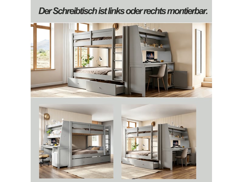Lit superposé 140 × 200 cm, 2 couchages avec bureau, rangements et 2 tiroirs, sans matelas, en bois gris - Conforama E