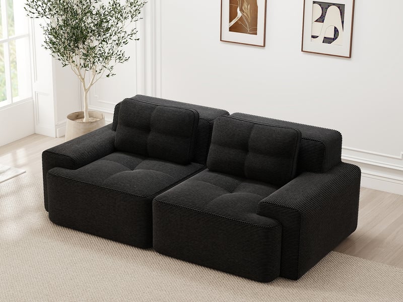  Canapé modulable 2 places, sans structure, assise profonde, convertible, noir velours côtelé – 204x104x69cm, pour salon  - Conforama B