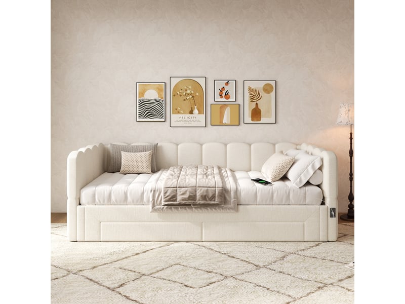  Lit rembourré 90x200 cm, lit de jour avec 2 tiroirs de rangement, canapé-lit extensible à 180 cm, lin beige, avec prise usb  - Conforama D