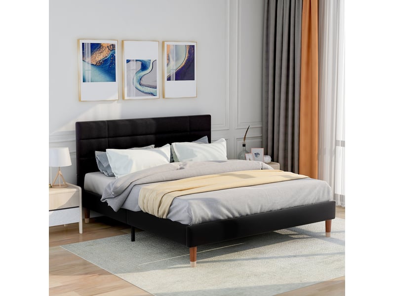  Lit rembourré tcqpz 140 x 200 cm avec sommier et matelas, tête de lit, noir, lin, bois  - Conforama B