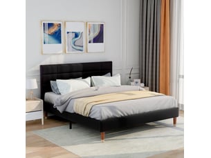 Lit rembourré tcqpz 140 x 200 cm avec sommier et matelas, tête de lit, noir, lin, bois