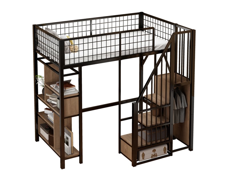  Lit mezzanine enfant 90x200 cm – noir – escalier de rangement, étagères et armoire - sans matelas  - Conforama A
