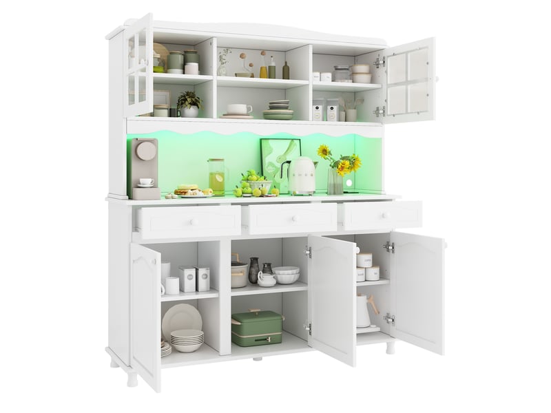  Buffet haut de cuisine 135 x 40 x 185 cm avec prises et ports usb, éclairage led multicolore, rangements réglables, blanc  - Conforama A