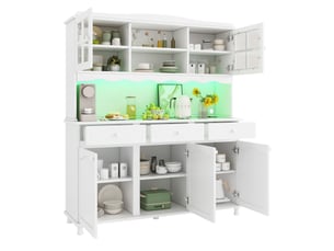 Buffet haut de cuisine 135 x 40 x 185 cm avec prises et ports usb, éclairage led multicolore, rangements réglables, blanc