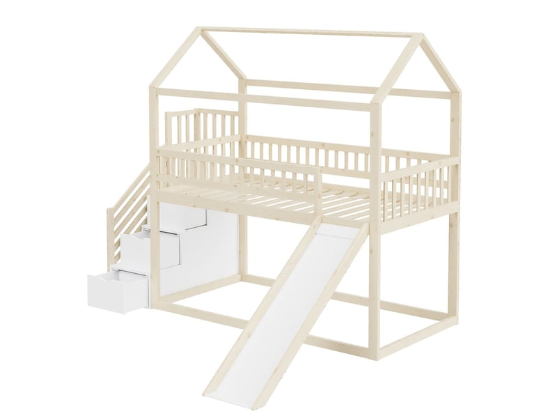  Lit mezzanine 90x200cm avec toboggan et escalier de rangement lit cabane enfant en bois massif naturel, barrière et sommier inclus  - Conforama D