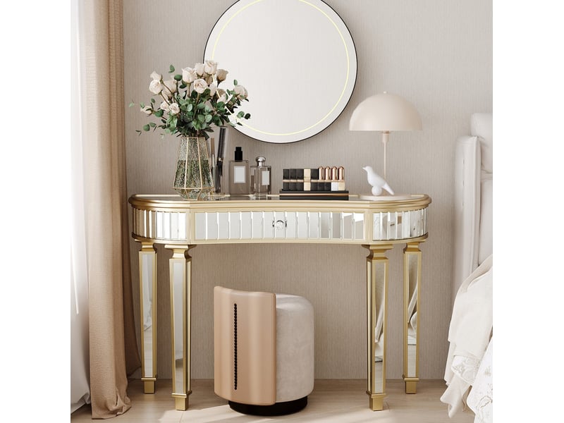  Console demi-lune miroir 120x38x78 cm dorée et argentée avec tiroir  - Conforama E