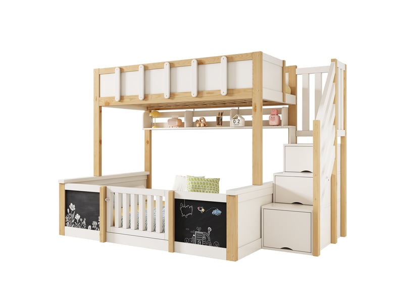  Lit superposé 90x200 et 140x200 cm, escalier avec rangement, tableaux à craie, barrières avec portillon, bois et mdf, blanc et naturel OMNIGLINT TRADING LTD - Conforama A