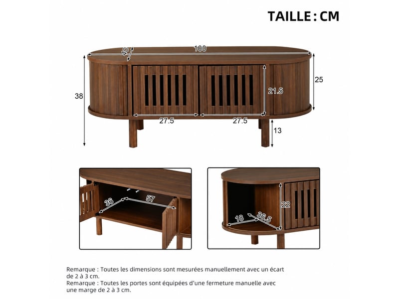  Table basse ovale pour salon avec rangement fermé, 100 x 40 x 38 cm, couleur noyer  - Conforama E
