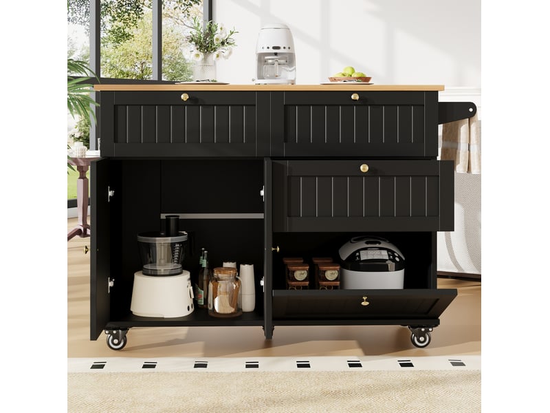  Desserte de cuisine 133 x 70 x 88 cm noire en mdf, à roulettes, plateau rabattable et rangement multiusage  - Conforama B