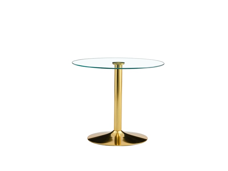  Table de salle à manger ronde en verre et métal, diamètre 85 cm, hauteur 76 cm, transparente et dorée  - Conforama A