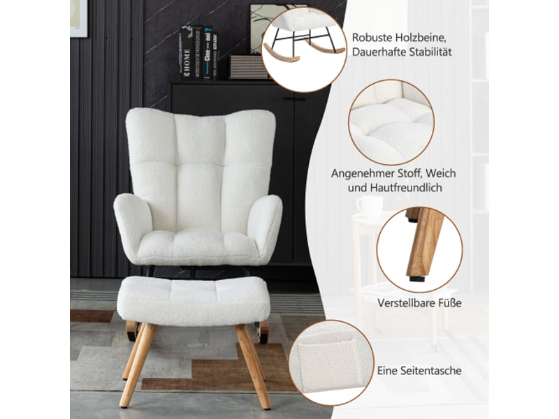  Fauteuil bascule ergonomique blanc hévéa 92x65cm repose-pieds inclus robuste 113kg barre sécurité  - Conforama C