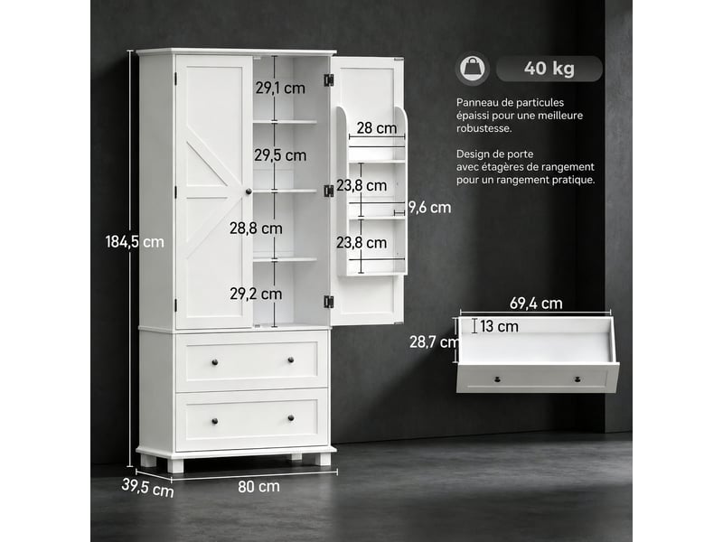 Meuble de cuisine blanc, buffet de cuisine haut avec 2 portes et 2 tiroirs, 80 cm - Conforama R