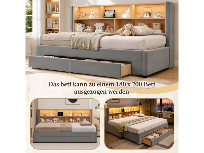  Canapé-lit 90 x 200 cm couchage d'appoint deux tiroirs de rangement structure extensible éclairage led port usb revêtement velours finition grise usage jour et nuit  - Conforama E